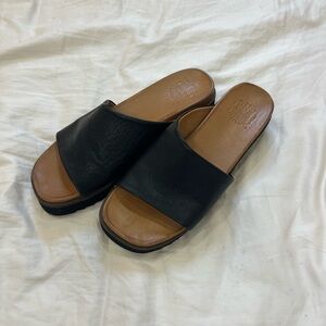 Women's Black Leather Slide Sandals with Tan Footbed